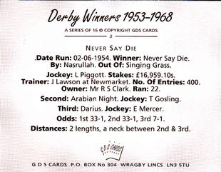 2000 GDS Cards Derby Winners 1953-1968 #2 Never Say Die Back